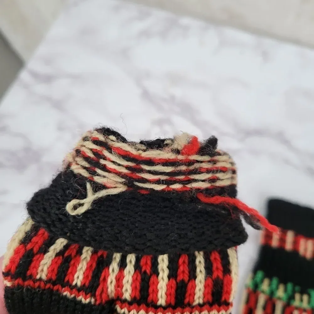Vintage Handknit Gloves Black with Green Red Cream Nordic Fair Isle Designs